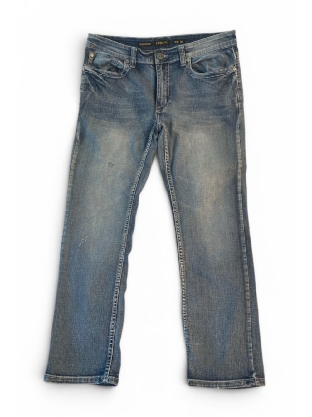 Helix Men’s Slim Straight Denim Jeans 36 x 30 Med Wash Blue Distressed Stretch